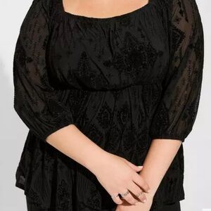 Torrid Flocked Mesh Square Neck Puff Sleeve Peasant Top